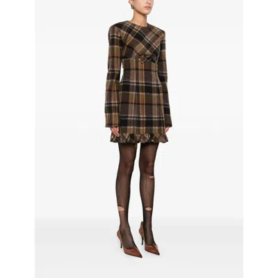 Acne Studios Delfin Plaid Long Sleeve Wool Blend Minidress In Brown