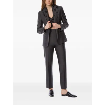 Alberta Ferretti Satin Trousers Embroidered Lapel In Gray