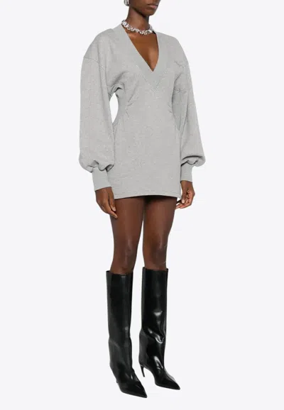 Attico Grey Mini Dress With V Neck And Logo Lettering On The Front In Cotton Woman In Gray