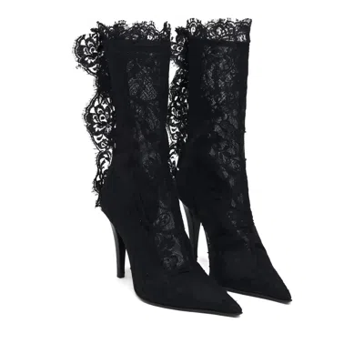 Alexander Mcqueen Lace Overlay Pointed Toe Stiletto Boots In Black