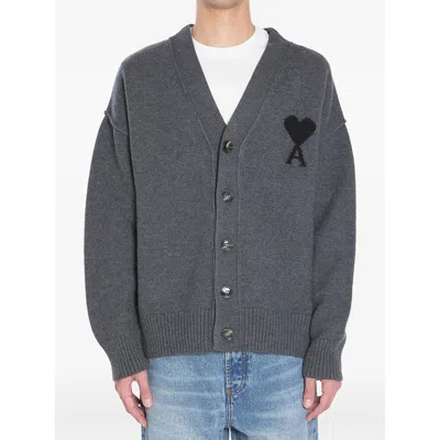 Ami Alexandre Mattiussi Ami Paris Ami De Coeur Heather Grey Wool Cardigan In Gray