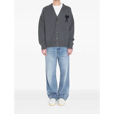 Ami Alexandre Mattiussi Ami Paris Ami De Coeur Heather Grey Wool Cardigan In Gray