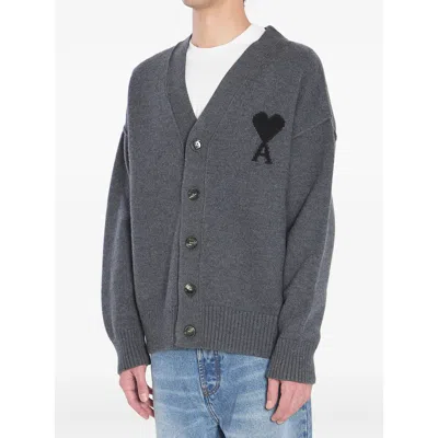 Ami Alexandre Mattiussi Ami Paris Ami De Coeur Heather Grey Wool Cardigan In Gray
