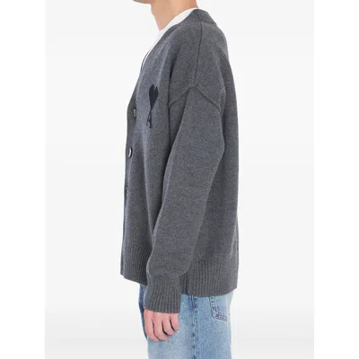 Ami Alexandre Mattiussi Ami Paris Ami De Coeur Heather Grey Wool Cardigan In Gray