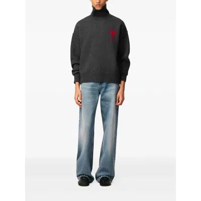 Ami Alexandre Mattiussi Ami Paris Ami Paris Black Wool Ami De Coeur Turtleneck In Gray