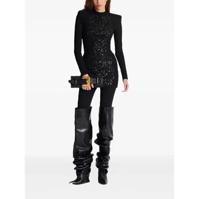 Balmain Sequin-embellished Crocodile-knit Mini Dress In Black