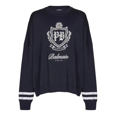 Balmain College Emblem Knit Jumper In Blue