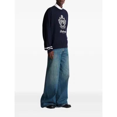 Balmain College Emblem Knit Jumper In Blue