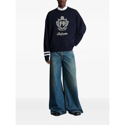 Balmain College Emblem Knit Jumper In Blue