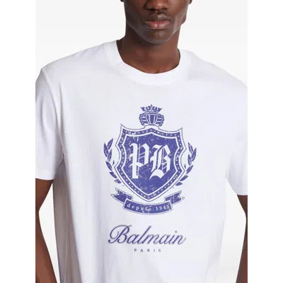 Balmain Short-sleeved T-shirt With College Emblem Print In Blue