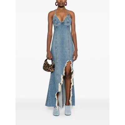 Blumarine Halter-neck Frayed-hem Denim Dress In Blue