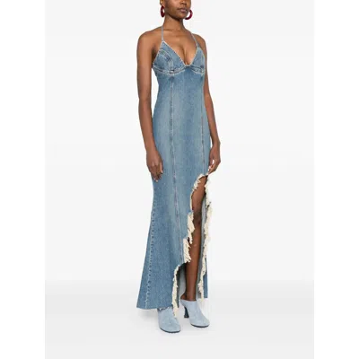 Blumarine Halter-neck Frayed-hem Denim Dress In Blue