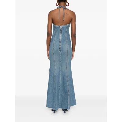 Blumarine Halter-neck Frayed-hem Denim Dress In Blue