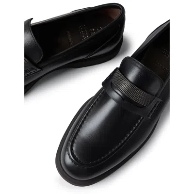 Brunello Cucinelli Leather Monili Penny Loafers In Black