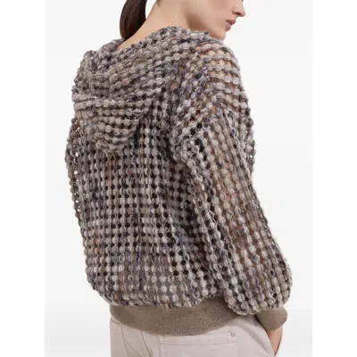 Brunello Cucinelli Hooded And Zipped Cardigan With Paillettes In Brown