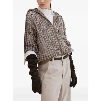 Brunello Cucinelli Hooded And Zipped Cardigan With Paillettes In Brown