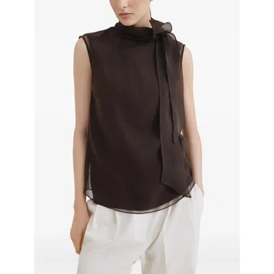 Brunello Cucinelli Women Crispy Silk Top With Lavalliere And Monili In Brown