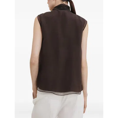 Brunello Cucinelli Women Crispy Silk Top With Lavalliere And Monili In Brown