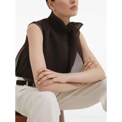 Brunello Cucinelli Women Crispy Silk Top With Lavalliere And Monili In Brown