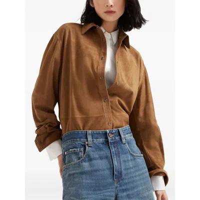 Brunello Cucinelli Suede Shirt With Monili In Brown