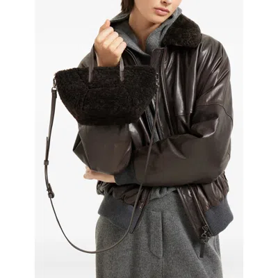 Brunello Cucinelli Duo Shearling Mini Shopper Tote Bag In Brown