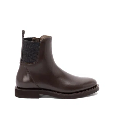Brunello Cucinelli Matt Leather Chlesea Boots With Shiny Detail Shoes In Brown