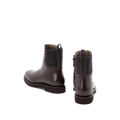 Brunello Cucinelli Matt Leather Chlesea Boots With Shiny Detail Shoes In Brown