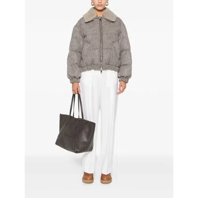 Brunello Cucinelli Herringbone-pattern Shearling-collar Jacket In Gray
