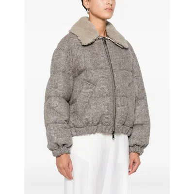 Brunello Cucinelli Herringbone-pattern Shearling-collar Jacket In Gray