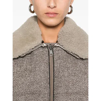 Brunello Cucinelli Herringbone-pattern Shearling-collar Jacket In Gray