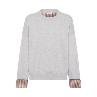 Brunello Cucinelli Cashmere Sweater With Monili In Gray