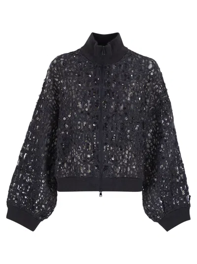 Brunello Cucinelli Women Dazzling Croc Embroidery Cardigan In Mohair, Silk And Linen In Black