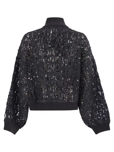 Brunello Cucinelli Women Dazzling Croc Embroidery Cardigan In Mohair, Silk And Linen In Black