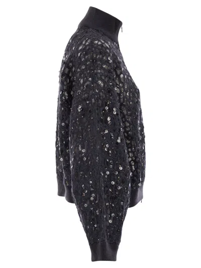Brunello Cucinelli Women Dazzling Croc Embroidery Cardigan In Mohair, Silk And Linen In Black
