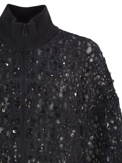 Brunello Cucinelli Women Dazzling Croc Embroidery Cardigan In Mohair, Silk And Linen In Black