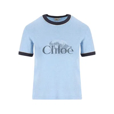 Chloé Logo Cotton Ringer Graphic T-shirt In Blue