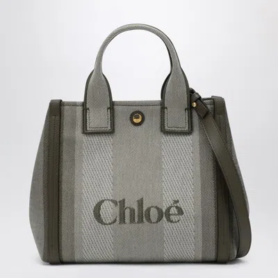 Chloé Carry Small Tote Bag In Dark Green Striped Canvas In Blue