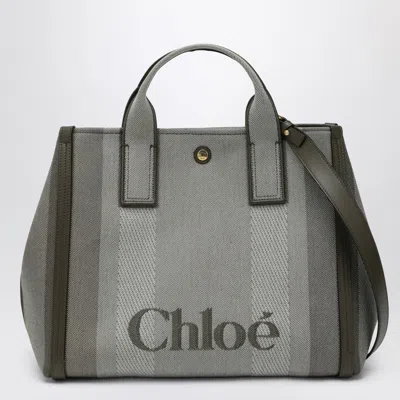 Chloé Carry Small Tote Bag In Dark Green Striped Canvas In Blue