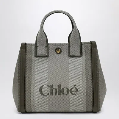 Chloé Carry Small Tote Bag In Dark Green Striped Canvas In Blue