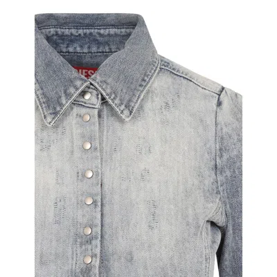 Diesel Shirt In Distressed Honeycomb Denim In Blue