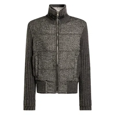 Dolce & Gabbana Herringbone-pattern Ribbed-knit Bomber Jacket In Gray