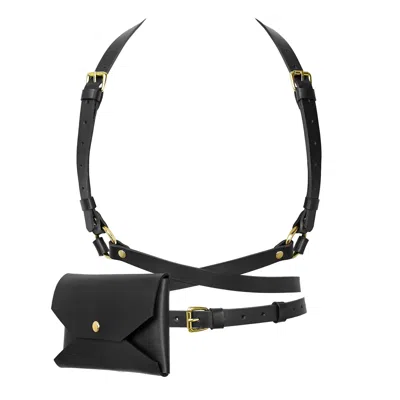 Badass & Goddess Leather Women's Black / Gold Set Of Real Leather Harness Artemis With Phone Pouch - Black With Gold Buckles In Multi