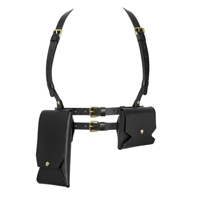 Badass & Goddess Leather Women's Black / Gold Set Of Real Leather Harness Athena With Two Pouches - Black With Gold Buckles In Multi