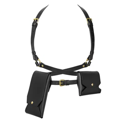 Badass & Goddess Leather Women's Black / Gold Set Of Real Leather Harness Artemis With Two Pouches - Black With Gold Buckles In Multi