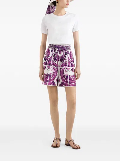 Dolce & Gabbana Women Cotton Shorts With Maiolica Print In Purple