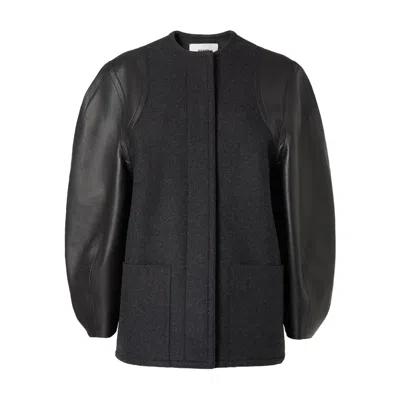 Fendi Women Virgin Wool Coat With Leather Sleeves In Black