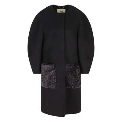Fendi Women Black Crewneck Coat With Puffed Sleeves And Two Front Shearling Pockets In Wool Blend Wo In Black