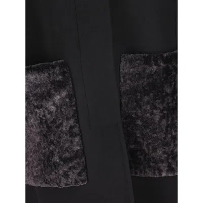 Fendi Women Black Crewneck Coat With Puffed Sleeves And Two Front Shearling Pockets In Wool Blend Wo In Black
