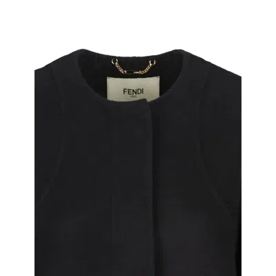 Fendi Women Black Crewneck Coat With Puffed Sleeves And Two Front Shearling Pockets In Wool Blend Wo In Black