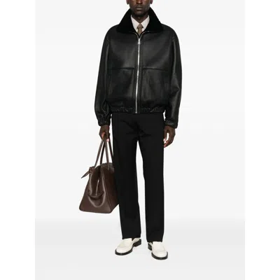 Fendi Leather Bomber Jacket In Black
